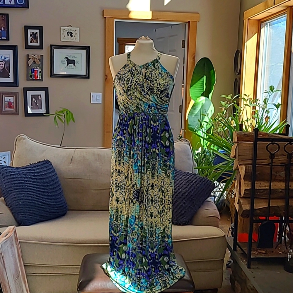 Cynthia Rowley Teal Blue Green Printed Halter Maxi Dress